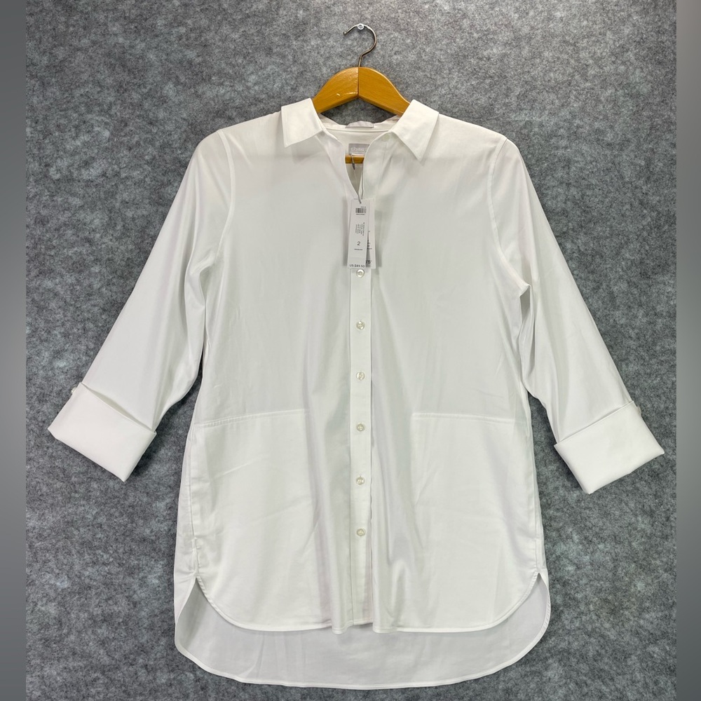 Chicos Women’s No Iron Stretch Casual Tunic Size 12 2 Optic White Button Front